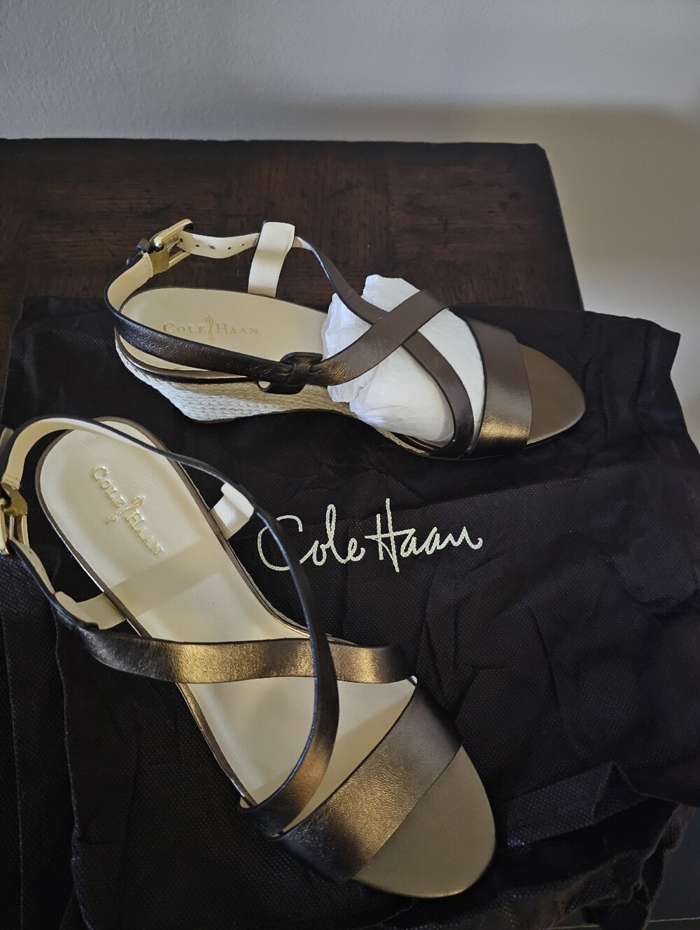 Cole Haan Bronze Metallic Crisscross Wedge Sandals